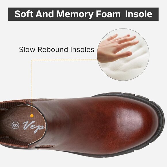 Vepose Women's Cognac Faux Leather Lug Sole Elastic Slip on Ankle Booties - Picture 4 of 9